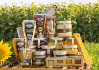 Dieses Bild zeigt alle Honigprodukte der Imkerei BienenStich aus Manhartsbrunn, Österreich. BienenStich ist ein kleiner Familienbetrieb in der Nähe von Wien und es wird in der Imkerei hochwertiger BIO-Honig hergestellt.