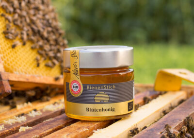Dieses Bild zeigt ein 250g Glas Blütenhonig der Imkerei BienenStich aus Manhartsbrunn, Österreich. BienenStich ist ein kleiner Familienbetrieb in der Nähe von Wien und es wird in der Imkerei hochwertiger BIO-Honig hergestellt.